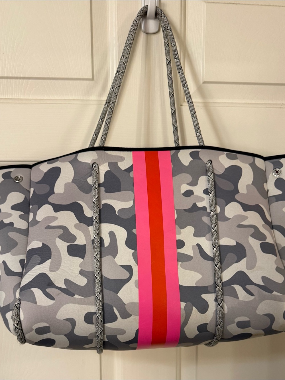 Haute Shore Gray Camo Neoprene Tote with Pink and Red Center Stripe with clutch